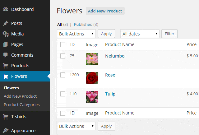 Flowers Catalog Example Admin Screen