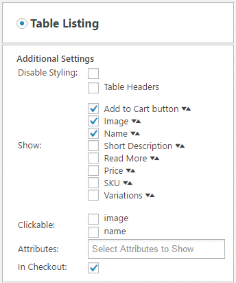 Table Product Listing Settings
