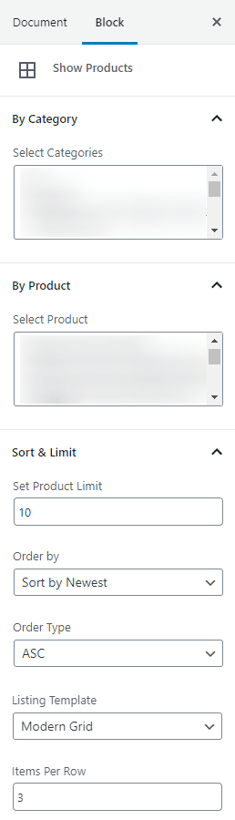 Show Products Block Settings