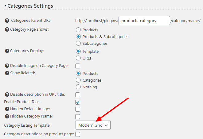 Category listing template section