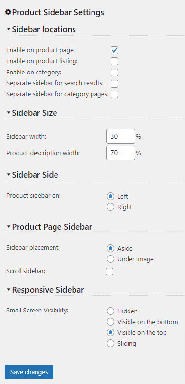 Product catalog sidebar settings