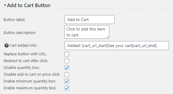Add to Cart button options settings screenshot
