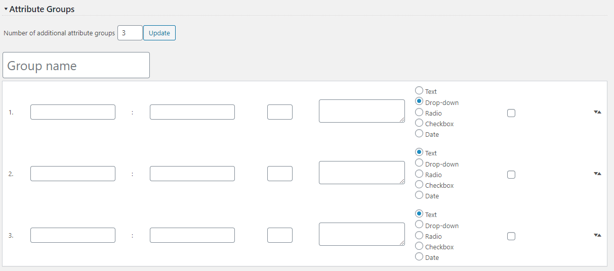 Attribute groups settings table