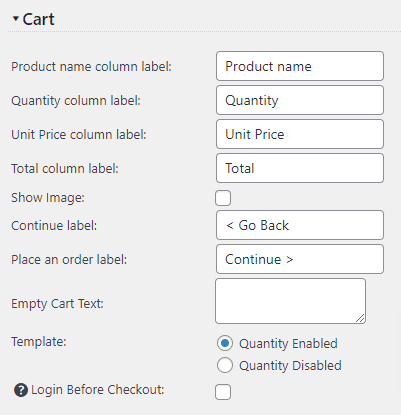 Quote Cart Page Customization Settings Screen
