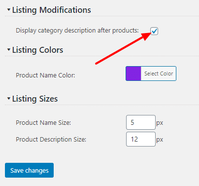 Display category description after products checkbox