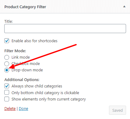 Dropdown category filter settings screenshot