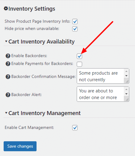 Backorders configuration screen