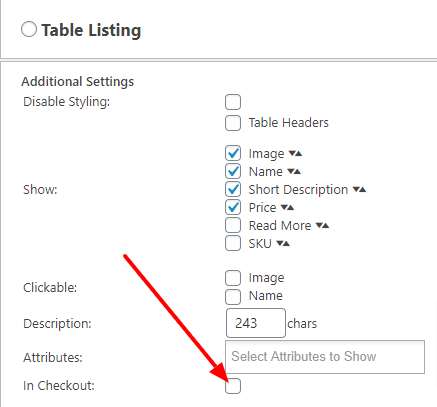 Table view in checkout option