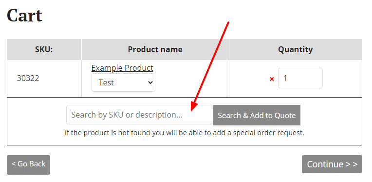 Special order request input box in cart