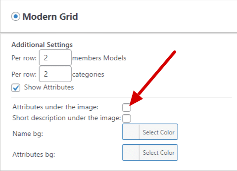 Modern Grid attributes under the image