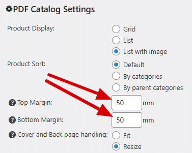 PDF top and bottom margin settings screenshot