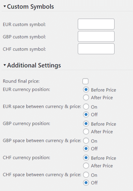 Custom Formatting settings for each currency