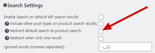 Checkbox to redirect default search to product search