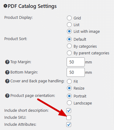 Include SKU in the PDF Catalog settings screenshot