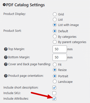 Include attributes in the PDF Catalog settings screenshot