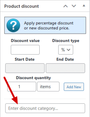 Discount category input on the product edit screen