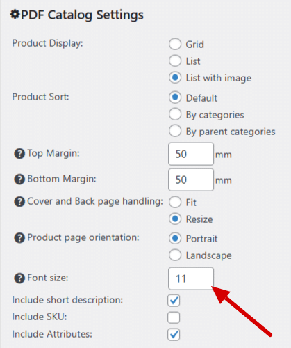 PDF Catalog font size settings screen
