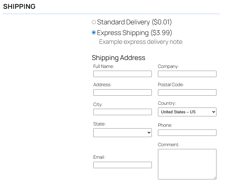 Shows an example selected shipping in checkout with shipping address form