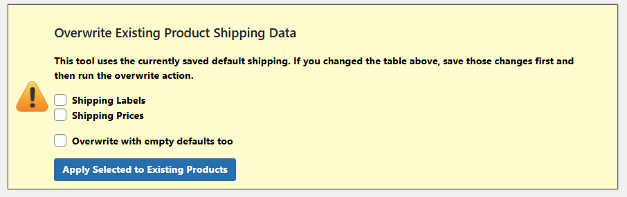 A tool on the shipping settings screen to override existing shipping data for products.