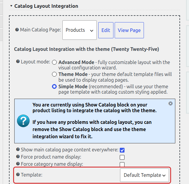 Catalog Layout Integration section with the Template option for catalog pages highlighted
