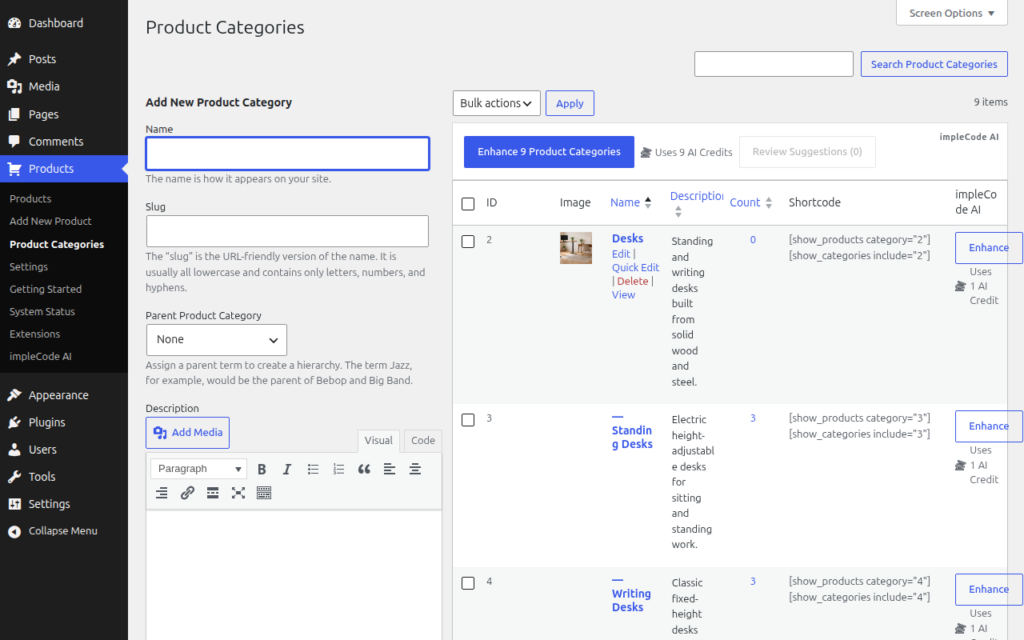 Product Categories screen with the category ID column and the Shortcode column