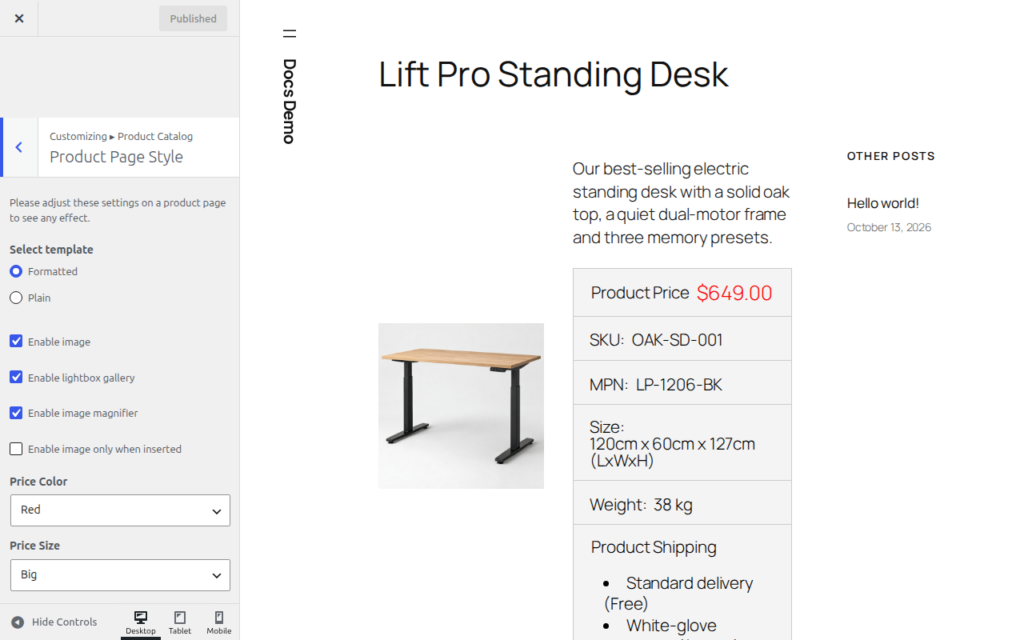 WordPress Customizer with the Product Page Style section open next to the product page preview