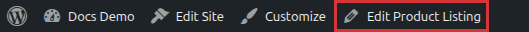 WordPress admin bar on the main catalog page with the Edit Product Listing link highlighted