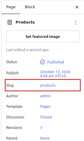Page panel of the page editor settings sidebar with the Slug row highlighted