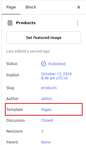 Page panel of the page editor settings sidebar with the Template row highlighted