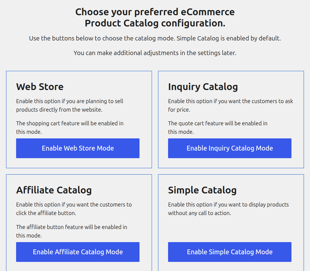 Getting Started screen with the Web Store, Inquiry Catalog, Affiliate Catalog and Simple Catalog mode buttons