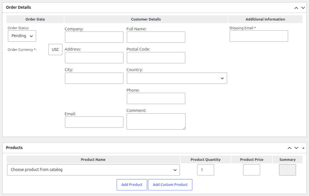 Add New Order screen with the Order Data, Customer Details and Products sections