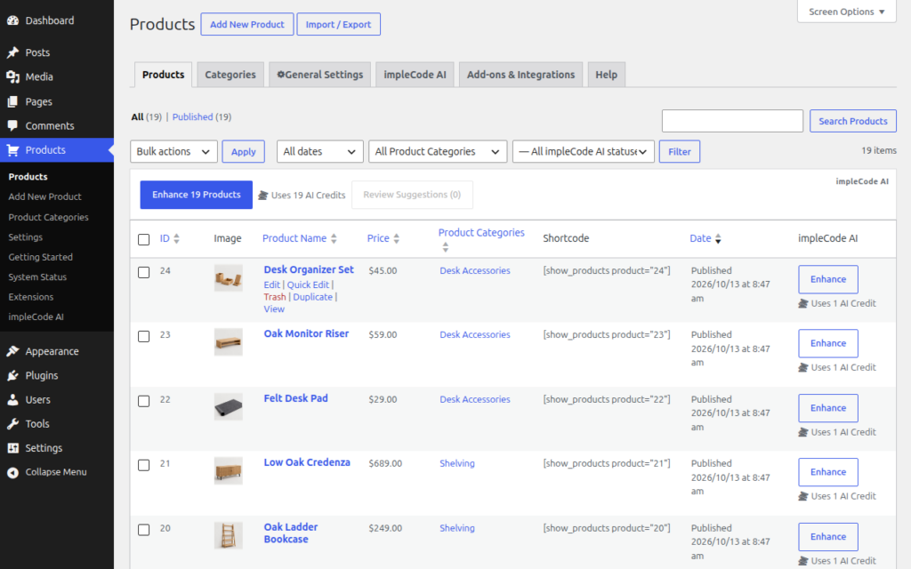 Products list in the admin with the ID column and ready-to-copy show_products shortcodes