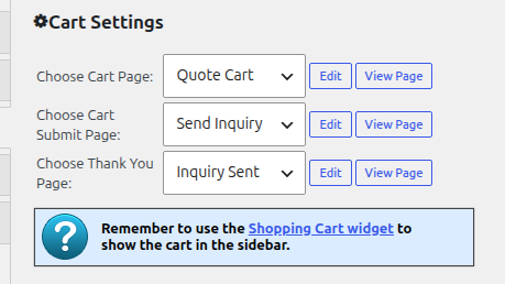 Cart Settings section in Inquiry Catalog mode with Quote Cart, Send Inquiry and Inquiry Sent pages selected