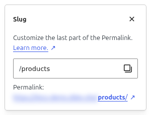 Slug field in the page editor with the products slug and the resulting permalink