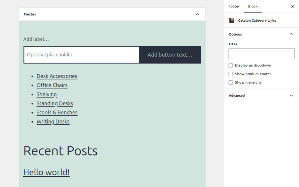 Widgets screen with the Catalog Category Links block in the Footer widget area and the Display as dropdown, Show product counts and Show hierarchy options